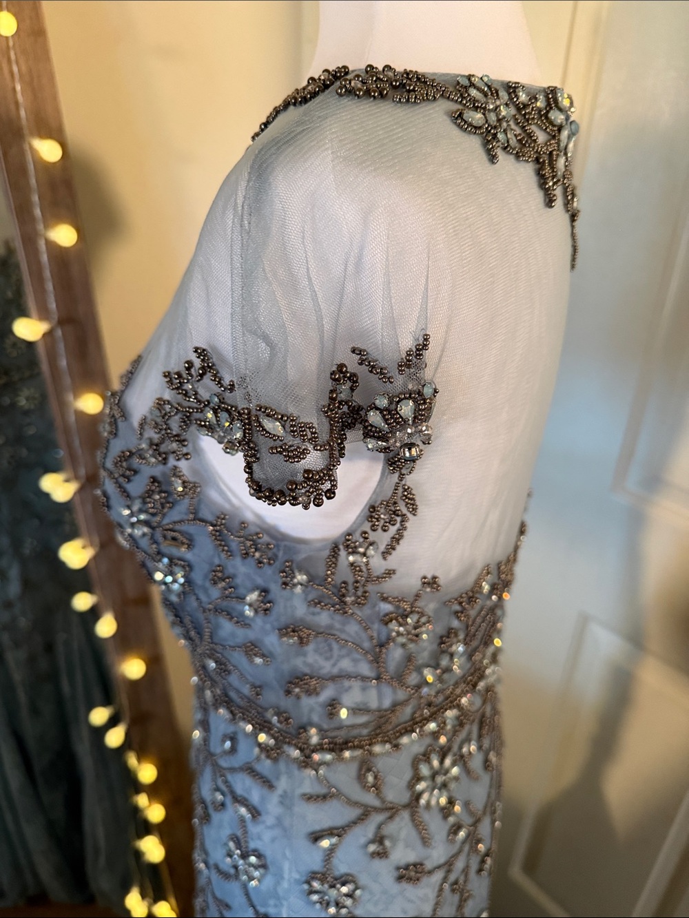 MAC DUGGAL Blue Embellished Lace Evening Gown with Illusion Neckline - Picture 8 of 14